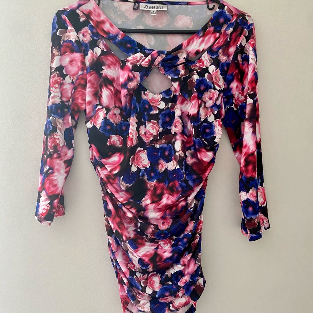 Jennifer Lopez Womens Blouse Keyhole Floral  S